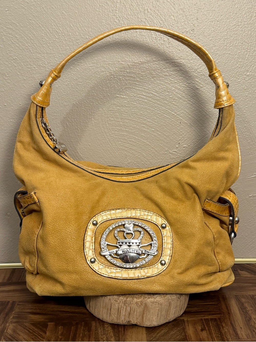 KATHY VAN ZEELAND Y2K Mustard Faux Suede Embellished Hobo Shoulder Purse